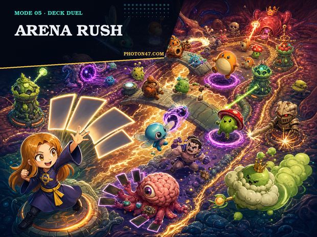 Photon 47 casting creature cards into a two-lane six-tower Arena Rush battle