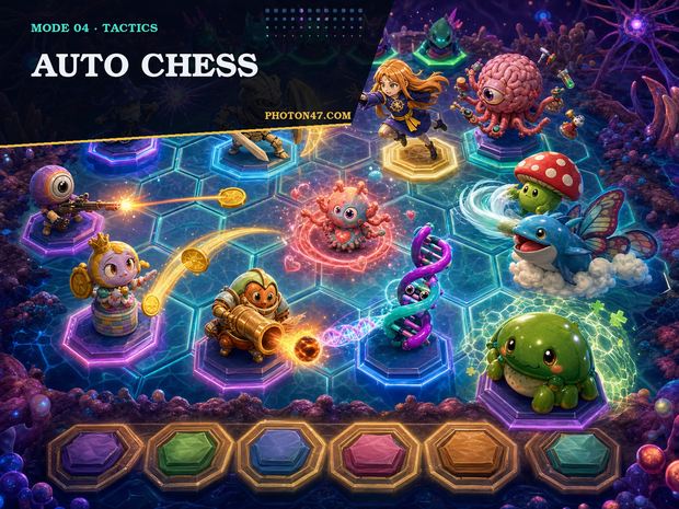 A large Photon47 roster battling on a glowing auto-chess board with synergy links