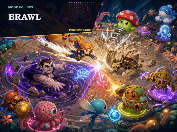 A large Photon47 cast colliding in a colorful circular 3v3 Brawl arena