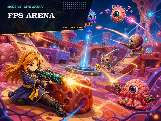 Photon47 heroes in a colorful comic-style first-person arena crossfire