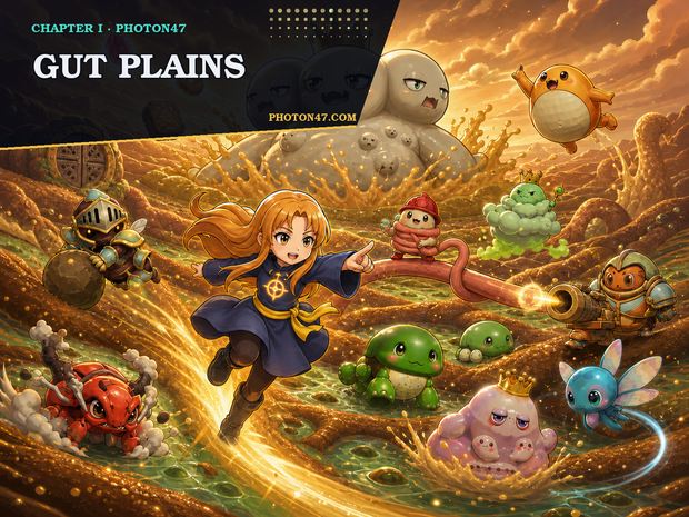 Photon 47 and Gut creatures facing the Bile Mother across golden digestive plains