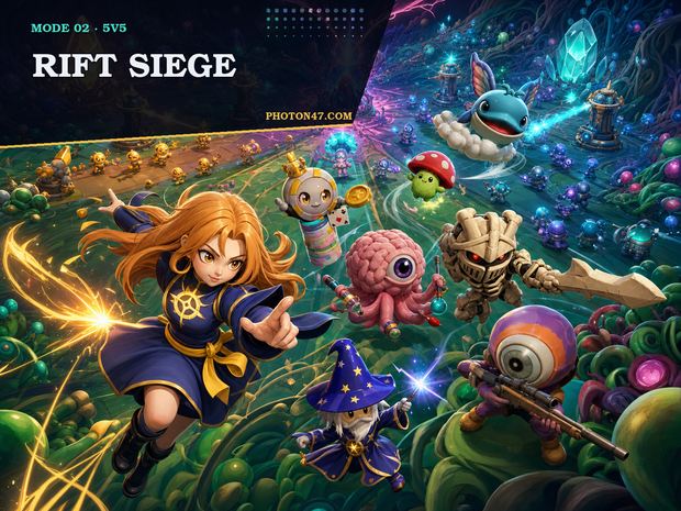 Photon47 heroes fighting across a three-lane living-body MOBA battlefield