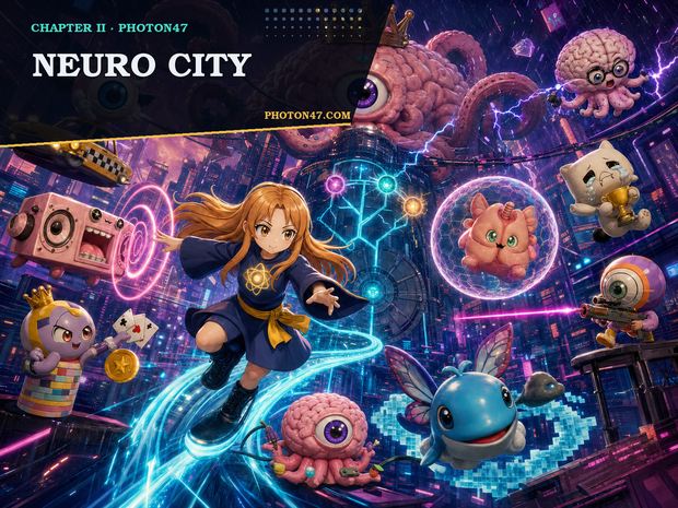 Photon47 Neuro heroes fighting Megamind among electric synapse skyscrapers
