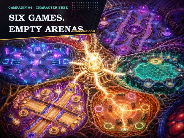 Six empty Photon47 game arenas connected around one faceted photon core