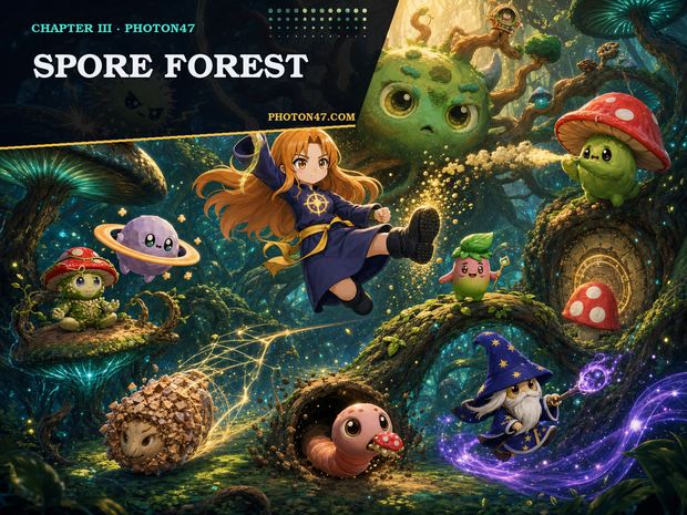 Photon47 Spore heroes moving through a luminous mushroom forest beneath Spore Father